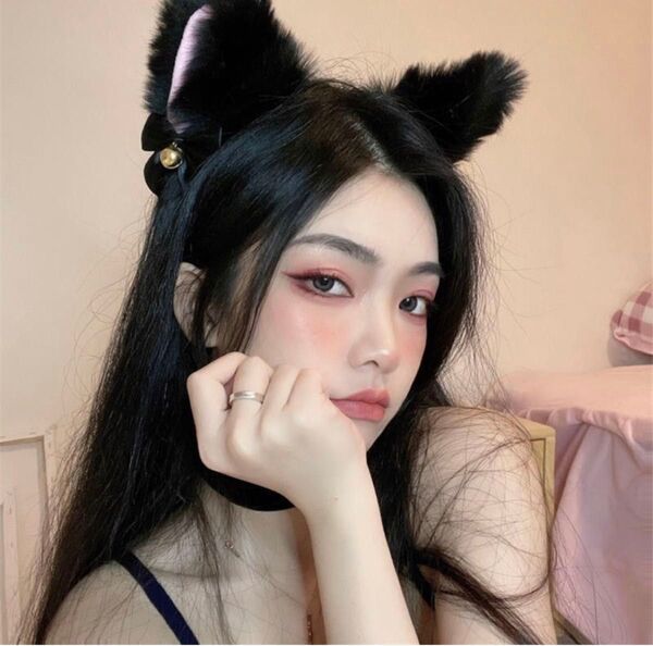 猫耳 カチューシャ メイド コスプレ 文化祭 イベント 鈴付き ブラック もふもふ かわいい 小物 リボン ピンク
