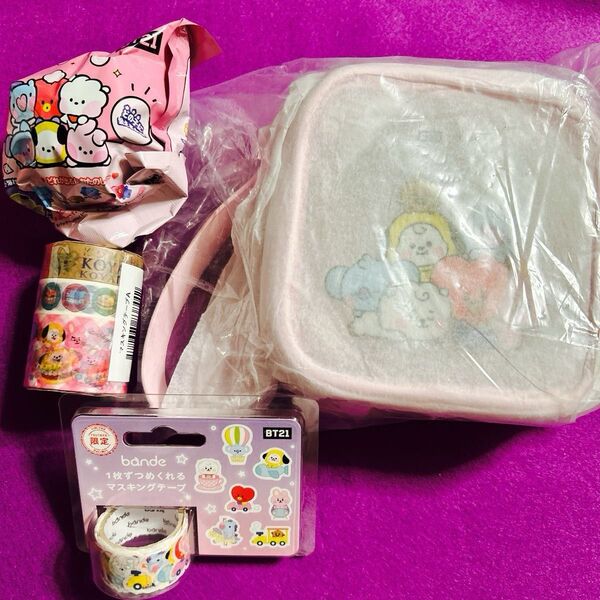 BT21 エチュード クリアポーチ ( 非売品 ). マスキングテープ2種. マスコットバスボール1個