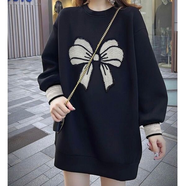 トレーナー リボン トップス XL 長袖 韓国 可愛い ゆったり 新品 長袖 トレーナー 体型カバー ゆったり黒 トップス