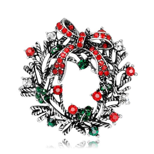 S2756美品 クリスマス レトロ 花輪 リボン スカーフ留めブローチ/シルバー
