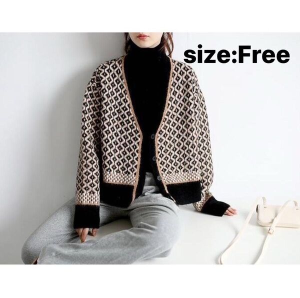 【即日配送】Amulet ダイヤ柄ニットカーディガン レディース 長袖 Vネック カジュアル ナチュラル アクセント (ブラック)