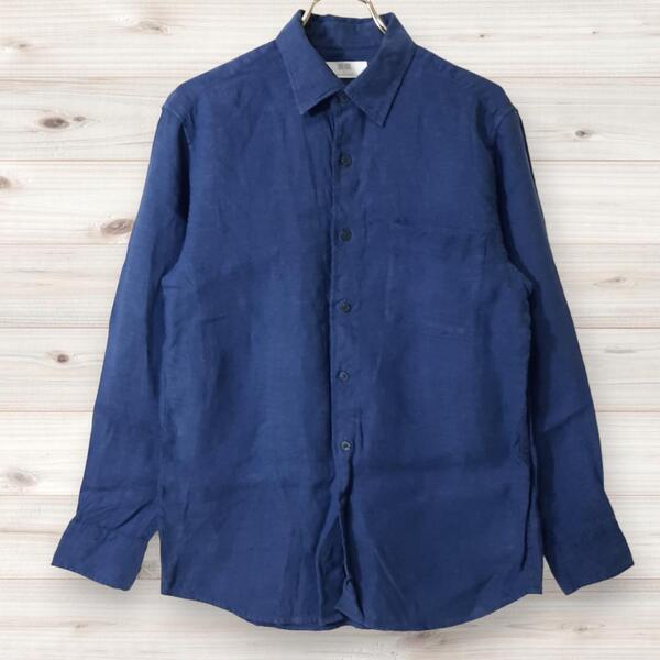 C0441 ユニクロ UNIQLO 長袖シャツ (S) ネイビー 麻 100%
