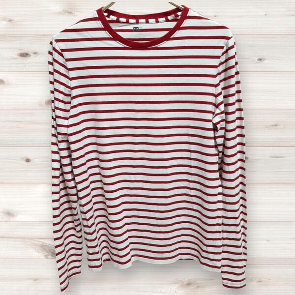 C0534 ギャップ GAP Tシャツ 長袖 ロンT (SS XS) ボーダー 総柄 白 赤