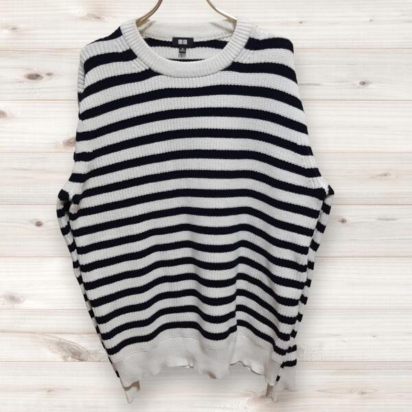C0654 ユニクロ UNIQLO ニットセーター 長袖 (LL XL) ボーダー 総柄 白 ネイビー