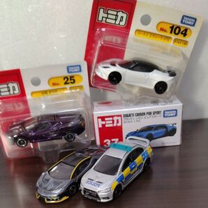 トミカ オロチ ロータス ブガッティ新品3台 、ランサーエボリューション ランボルギーニ中古2台