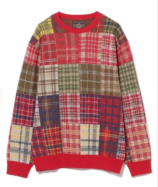 BEAMS PLUS PALACE CREW KNIT PATCHWORK JACQUARD RED