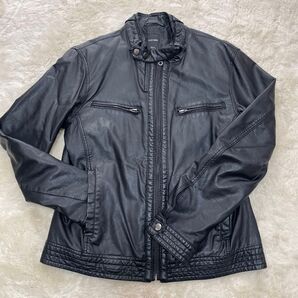 PLUS ONE レザージャケット S 黒 ノーカラー 4ポケット メンズ ライダース ブラック ブルゾン