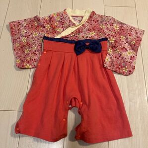 ベビー 着物 女の子 お宮参り お食い初め 70 ピンク リボン 新生児 お正月 袴ロンパース お食い初め