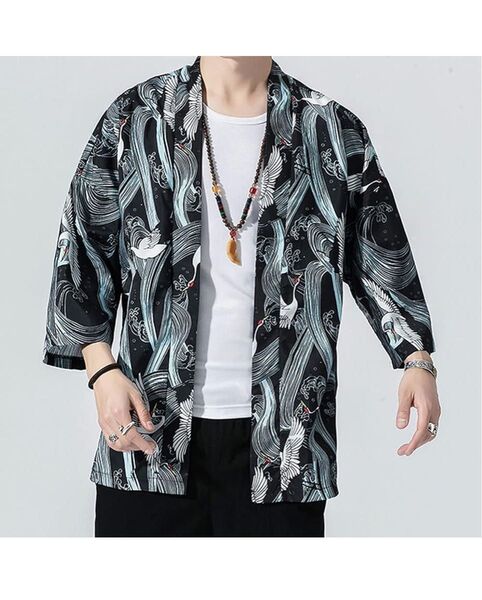 ☆ 2XL カーディガン メンズ和式 夏服 メンズ 開襟 大きいサイズ カジュアル ゆったり 鶴柄 通気性 日焼け防止服