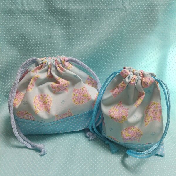 ハンドメイド お弁当袋& コップ袋 2点セット お花のねこさん