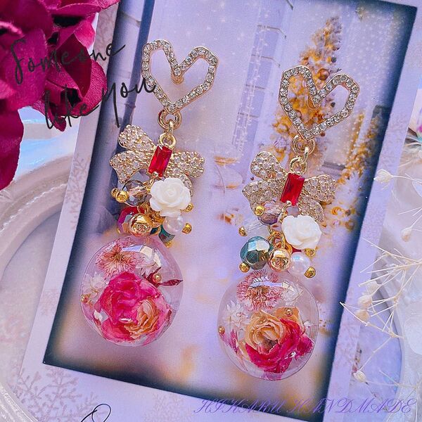 ハンドメイド ピアス レジン リトルウッズ クリスマス レッド ローズ