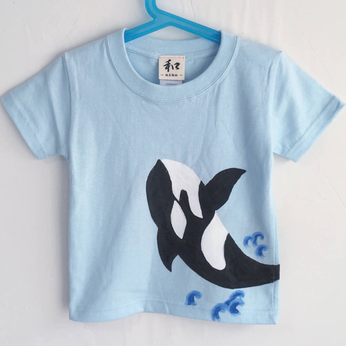 Kids T-shirt Size 90 Blue Killer Whale T-shirt Hand-painted Killer Whale T-shirt Short Sleeve Animal Children's Clothes Handmade, short sleeve, for boys, 90(85~94cm)