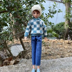 H2406 はるとくん ハンドメイド 服 ブルーチェックニットコーディネート