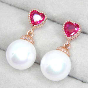 残り1点★人気 ハート&淡水真珠 CZルビーダイヤモンドピアス ピンクゴールド シルバー925 ジルコニア レディース 限定 イヤリング化可