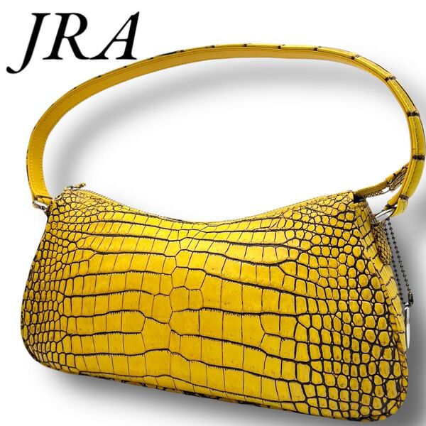JRA リアルクロコダイルレザー 目地染め ワンショルダーバッグ ハンドバッグ イエロー アクセサリーポーチ