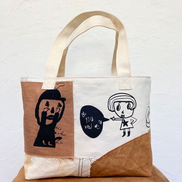ハンドメイド ランチバック帆布生地 柿渋染め オリジナルイラスト