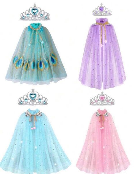 子供仮装 マントケープ ティアラ2点セット パープル ブルー お姫様 ハロウィン ポンチョ ラプンツェル オーロラ姫