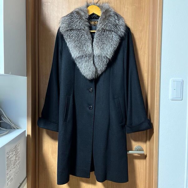 BALMAIN カシミア100%ブルーフロストフォックスファーコート