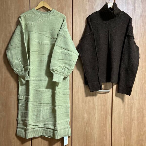 SELECT MOCA セージグリーンカラー ニット ロングワンピース・ダークブラウンカラー オフタートル セーター セット