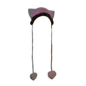 青と紫と黒の猫耳ニット帽 ハート ハンドメイド