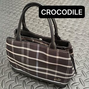 CROCODILE クロコダイル ミニ手提げバッグ コンパクト チェック柄 黒
