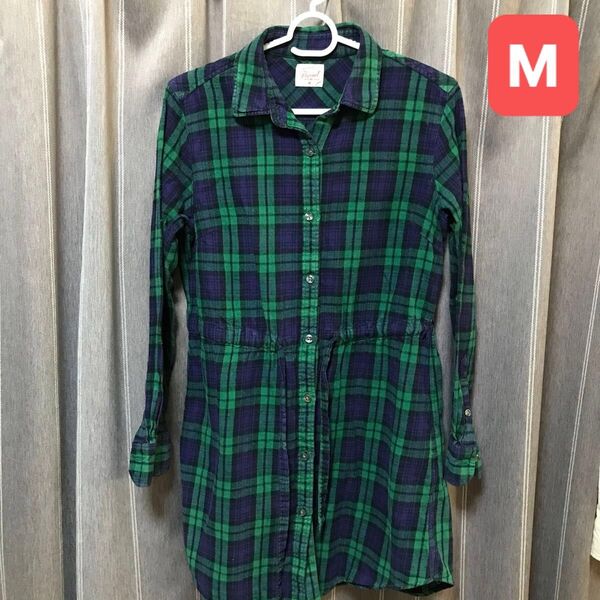 ユニクロ フランネルロングシャツ レディース Mサイズ グリーン系チェック柄 腰ひも付き