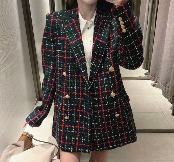 ZARA ザラ ダークグリーン ツイード チェック ダブルジャケット ブレザー