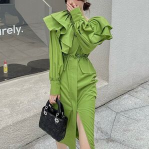 ワンピース 大人可愛い ロング 前スリット フリル襟 グリーン