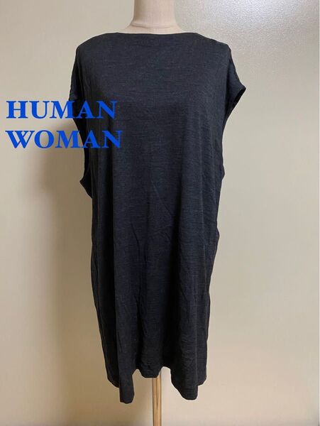 human woman ダークグレー ノースリーブ ロングワンピース