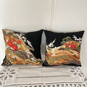 着物リメイク クッションカバー ペア 黒留袖リメイク 45×45 クッションカバー 牡丹と鳳凰