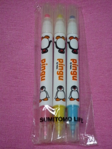  ultra rare! Sumitomo life PINGU Pingu & pin ga fluorescence twin marker 3 pcs set ( not for sale )