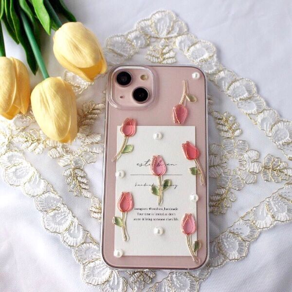 レッドピンクチューリップとパールのiPhoneケース iPhone16 iPhone15 iPhone14 iPhone13 他