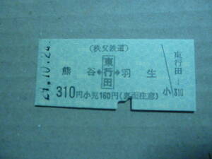 埼玉県秩父鉄道　東行田駅発行　乗車券　平成29/10/24　