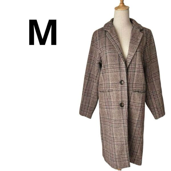 ★チェスターコート ロングコート ベージュ ブラウン チェック M レディース
