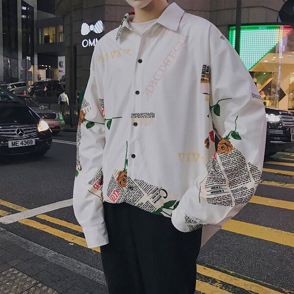 新品 薔薇柄 ローズ プリント シャツ 長袖 男女兼用 総柄 個性的 白