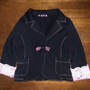 【RONI/ロニィ】サイズS 110㎝前後 テラードジャケット ニット やわらか リボン 袖折り返しレース 黒×ピンク 中古