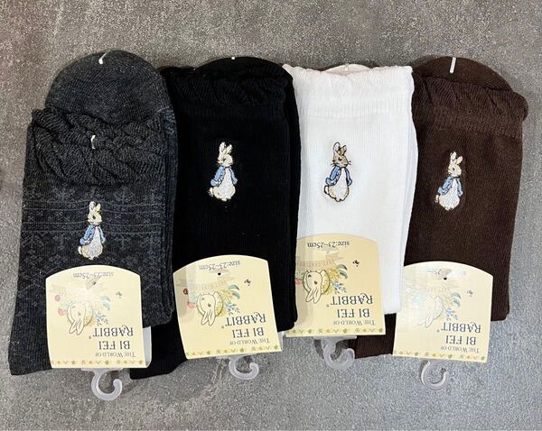 ラビット刺繍ソックス4足セット 綿靴下 大きなラビット刺繍 スニーカーソックス