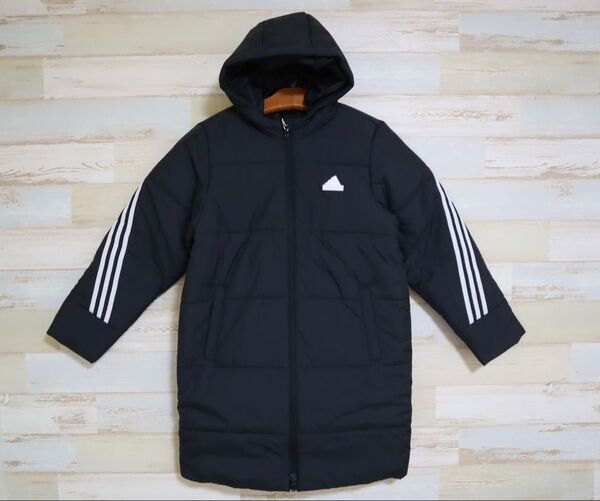 新品 130㎝ adidas アディダス キッズ スリーストライプス ロング パデッドジャケット ベンチコート 黒