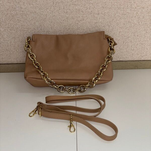 【新品】レディース チェーンポーチバッグ 、シャーリングチェーンリンク ショルダーハンドバッグ, ベージュ, M