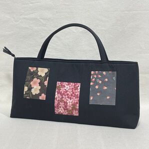 和装バック ハンドバッグ 横長バッグ 習い事バッグ 黒 ブラック FB-442共