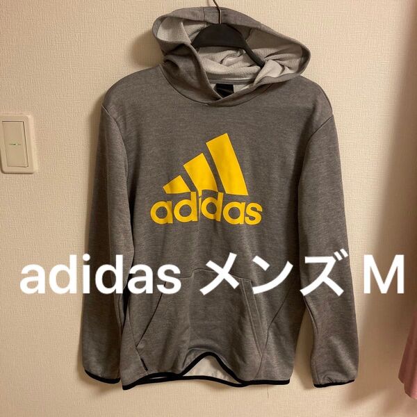 adidas アディダス パーカー スウェット トップス スウェットパーカー グレー イエロー スポーツ 普段着 メンズ M