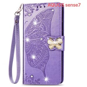 Aquos sense7 ケース 手帳型 おしゃれ バタフライビジュー ストラップ付き 紫