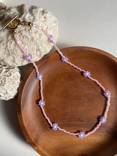 ハンドメイド フラワービーズネックレス 花デイジー キッズ サージカルステンレス アクセサリー