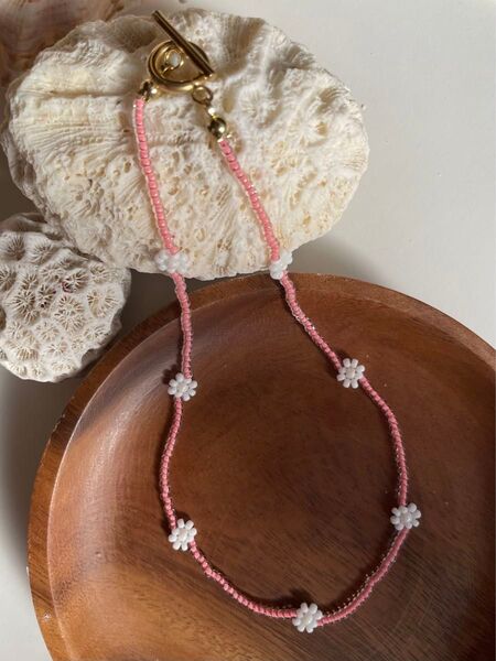 ハンドメイド フラワービーズネックレス 花デイジー キッズ サージカルステンレス アクセサリー