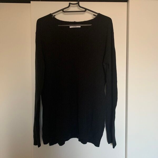 Vネック長袖セーター 黒セーター 長袖ニットブラック