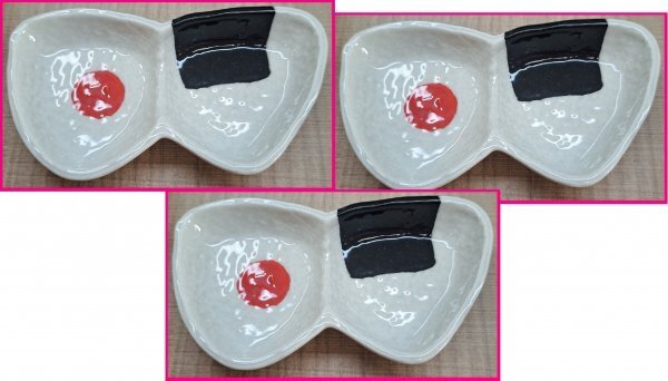 【送料無料:2連皿:3点:醤油皿 小皿】★可愛い「おにぎり」柄★薬味皿 小物皿 珍味皿 小鉢 小物入れにも★陶器 和柄 オニギリ おむすび