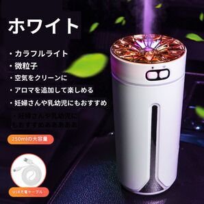 加湿器 LEDイルミネーション 車内アロマディフューザー 充電式 ホワイト