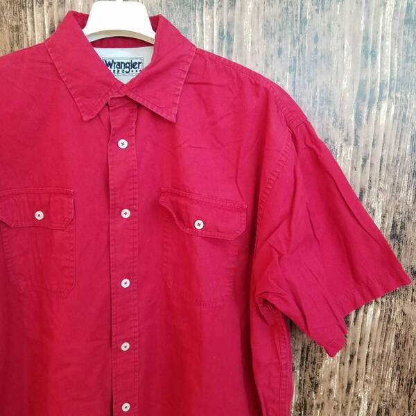 中古 アメリカ古着 Wrangler ラングラー 半袖シャツ メンズ Lサイズ 赤色 レッド ワークシャツ 作業服 アウトドア 釣り 送料無料