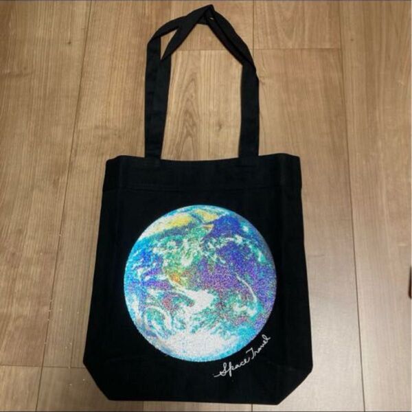 【新品未使用】 地球ビーズエコバッグ ブラック キャンバス生地 トートバッグ