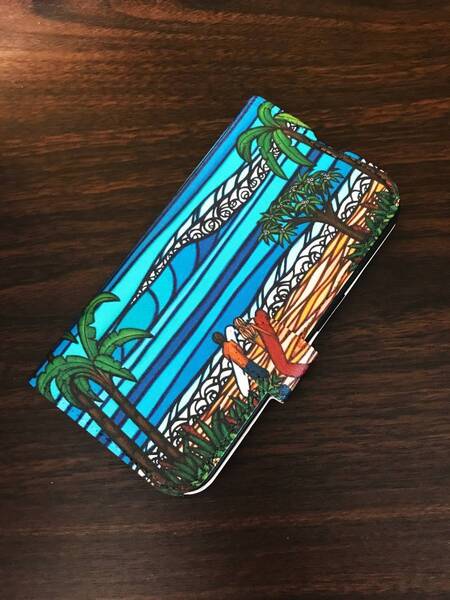 iPhone 15 Pro用手帳型レザーケース★ハワイサーフィンハイビスカスサンセットHeather Brownヘザーブラウンをお好きな方に★一点のみ